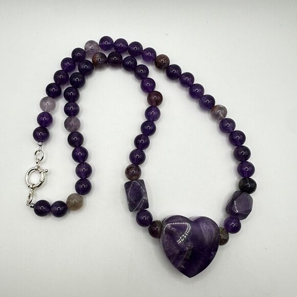 22" of ALL types of Amethyst beads, massive heart pendant necklace, 925 clasp! - Picture 12 of 15